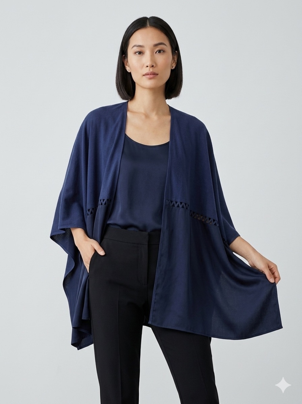 Diomi cashmere Suede cutout blue OS open front draped kimono poncho cape
